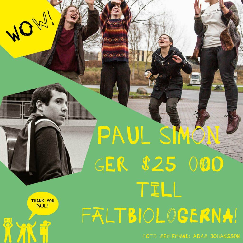 Ett collage med Paul Simon och ett par hoppandes fältbiologer