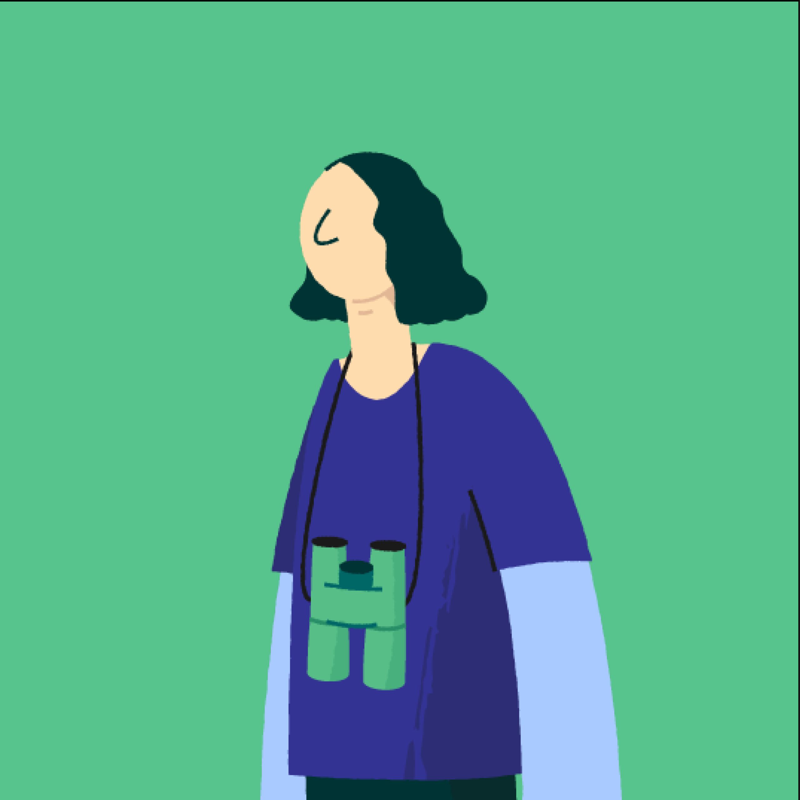 Fältis-karaktär med kikare lockigt hår